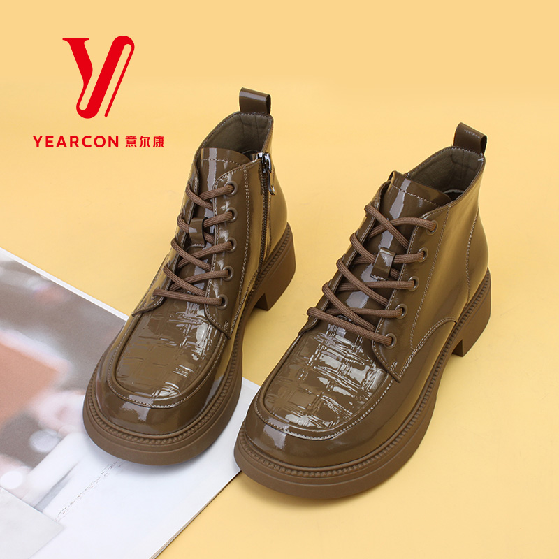意尔康女鞋新款高帮小皮鞋女短靴厚底马丁靴秋季单靴子18335U