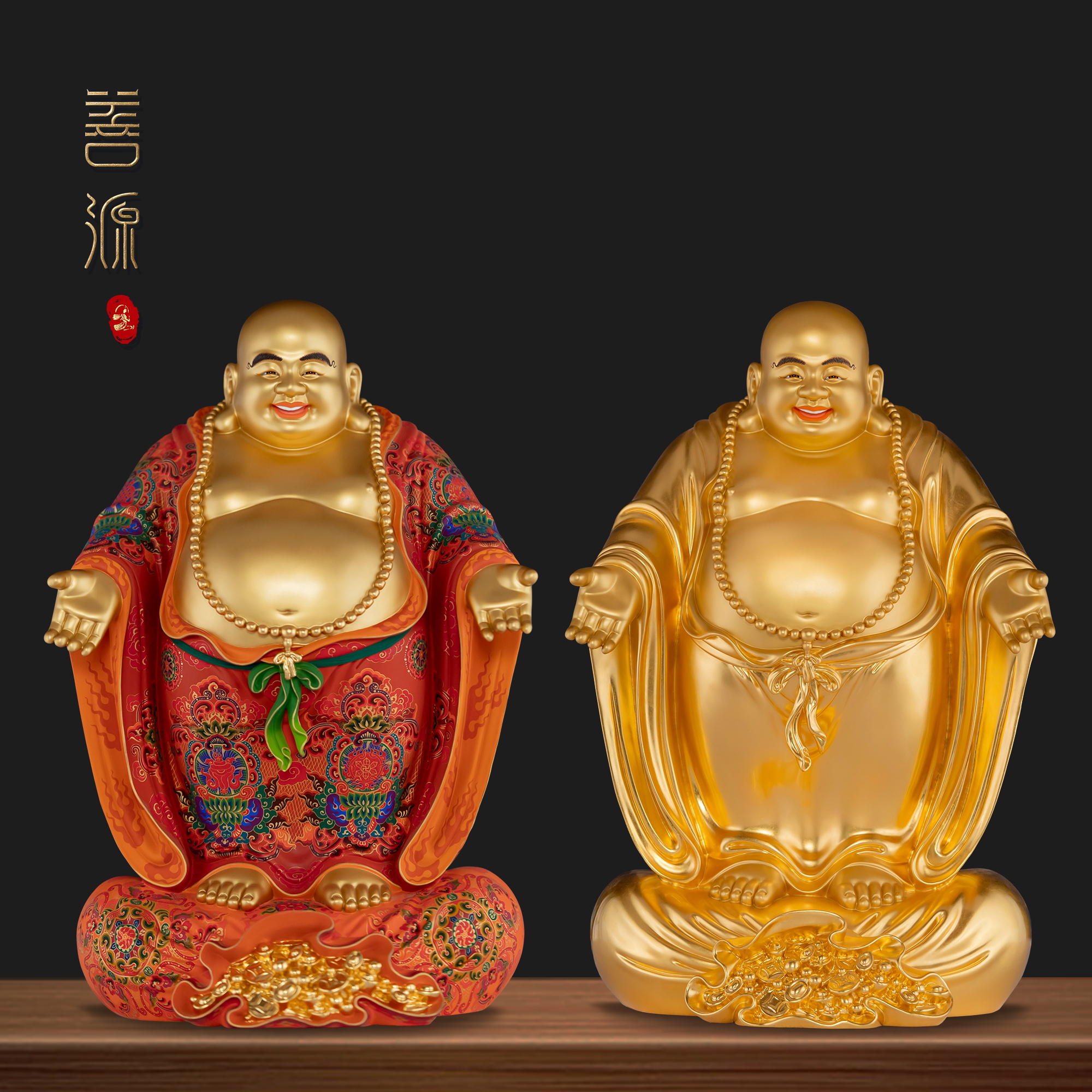 善源40-58cm皆大欢喜造像黄铜泥金工艺手工满金彩绘中式摆件