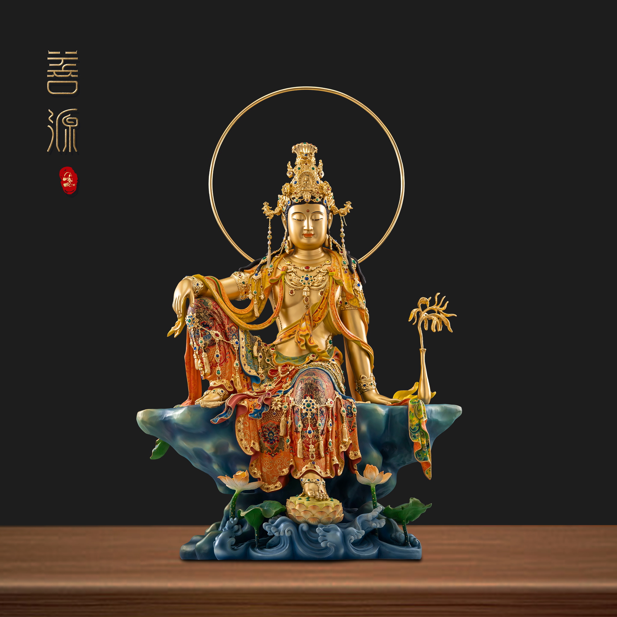 善源78cm自在观音圆光纯铜泥金彩绘宝像家居装饰摆件