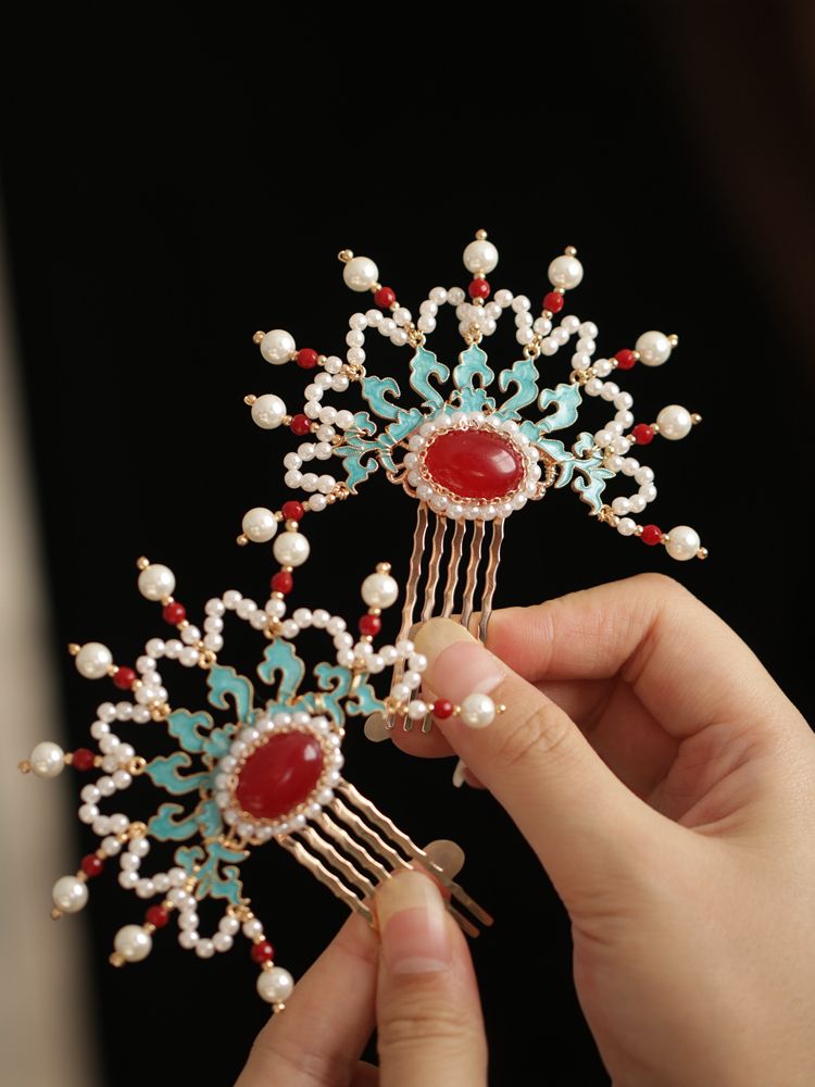 汉服发梳头饰压鬓设计发梳古风明制排簪复古女生对梳超仙唐风配饰