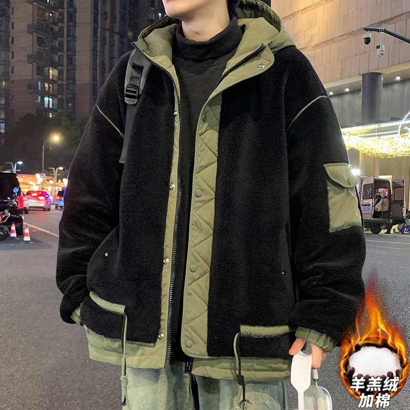 玛斯柏羊羔绒外套男士秋冬季连帽潮牌加绒加厚工装防风夹克上衣服