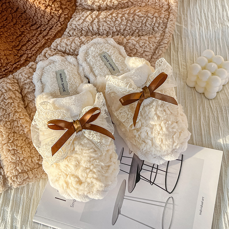 2023新款蕾丝蝴蝶结居家棉拖鞋韩版仙女风冬季棉拖鞋男女情侣款