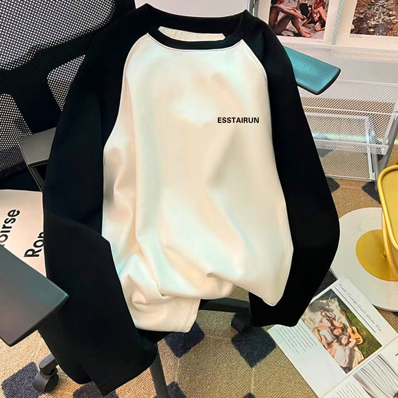 美式拼接德绒打底衫男生秋冬季日系复古加绒加厚休闲外穿上衣服潮