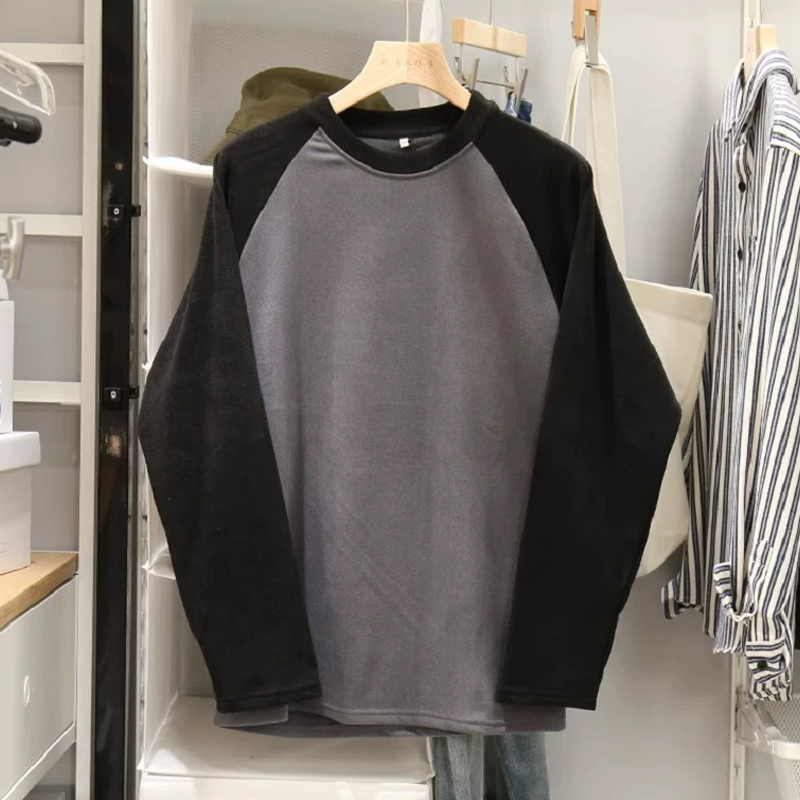 德绒打底衫男士秋冬季美式高街撞色拼接保暖插肩长袖t恤上衣服潮