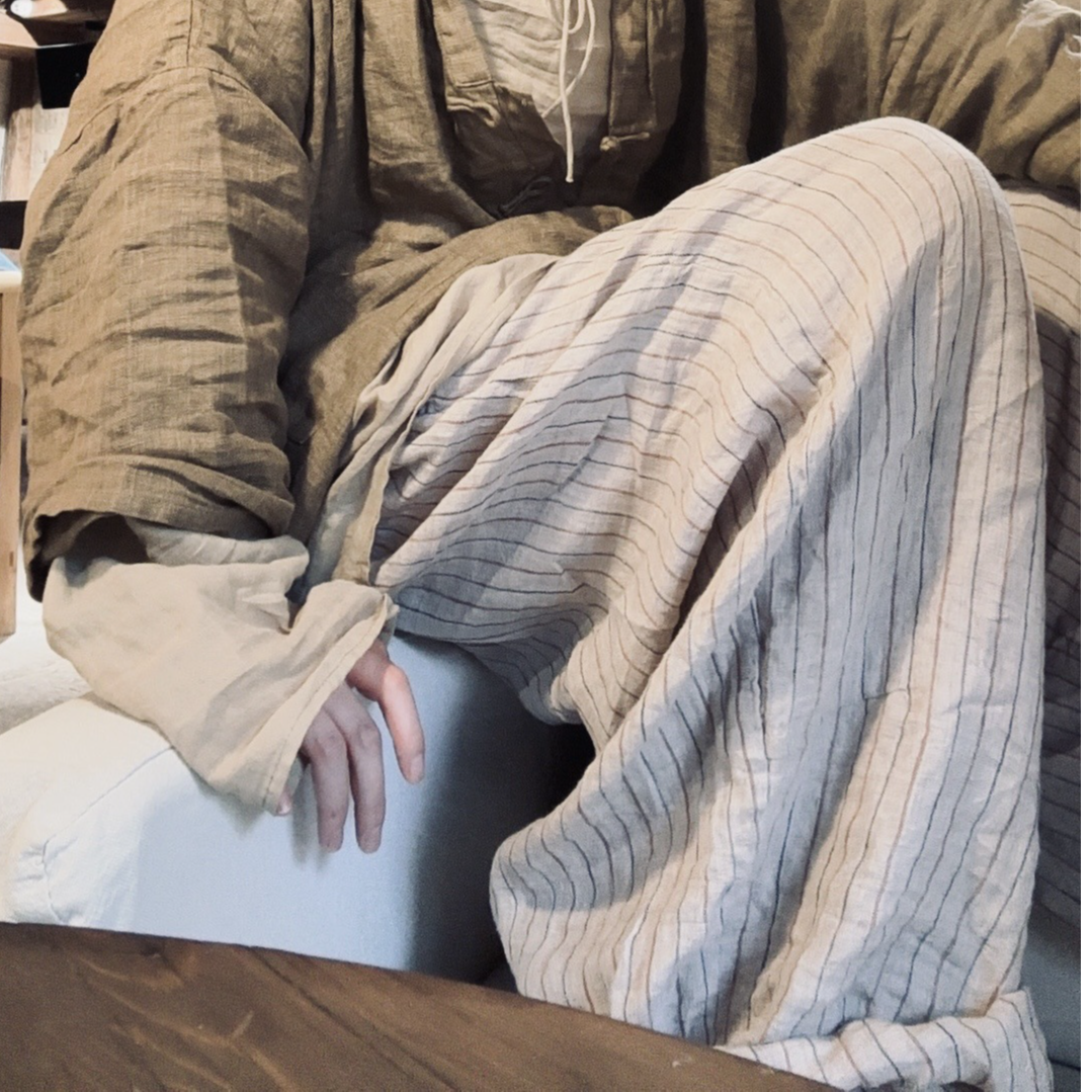 sunianweiyang/素年未央SN85 休闲亚麻色织条纹长裤