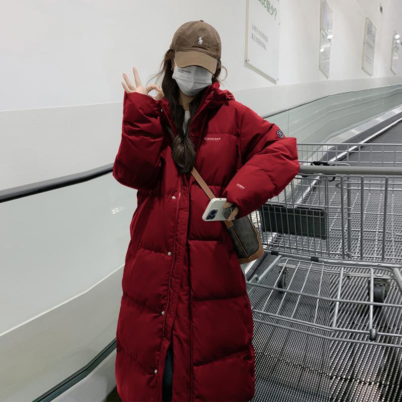出口版红色服女冬2023年新款爆款时尚面包服反季加厚过膝长款外套