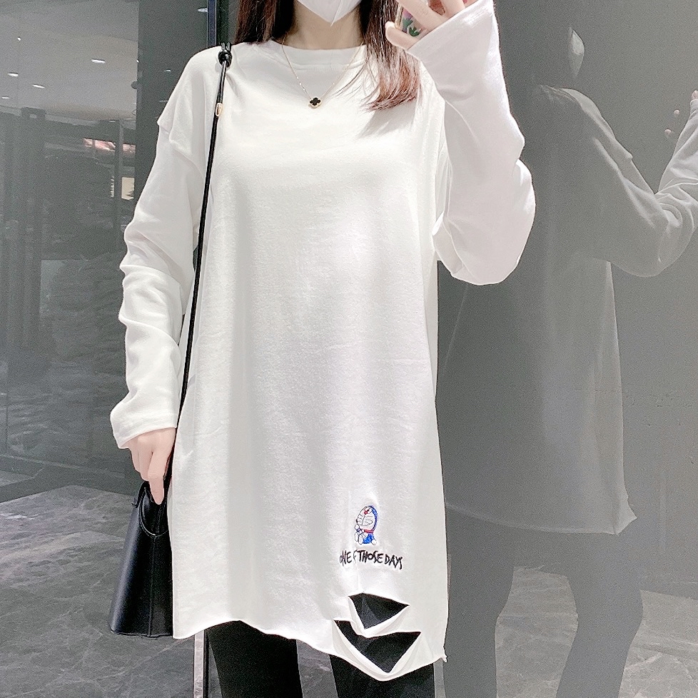 027百搭休闲宽松长袖T恤女秋冬打底哆啦A梦刺绣大白T圆领衣长76