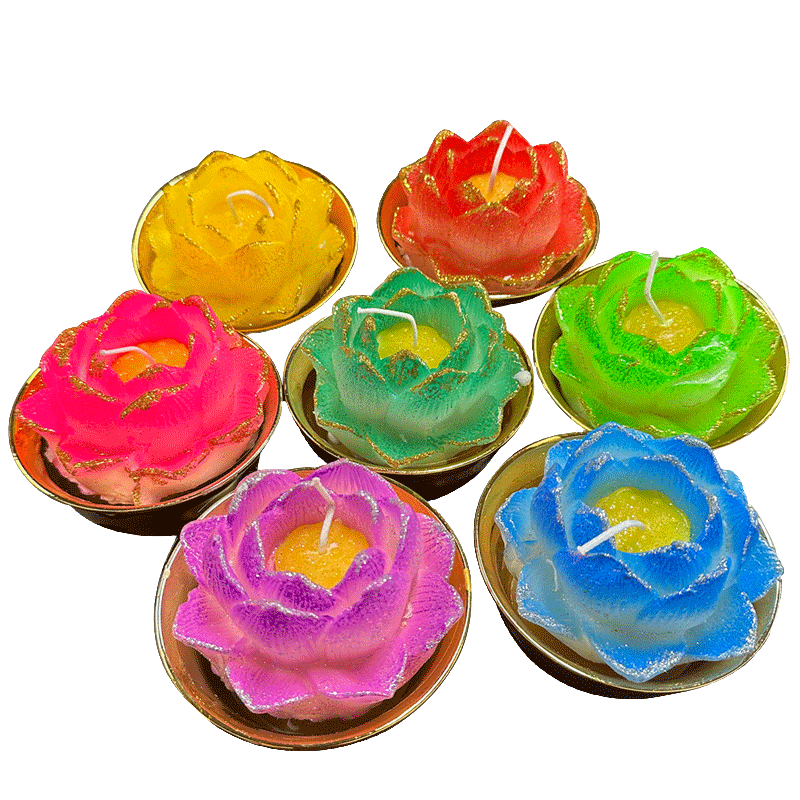 无烟蜡烛20小时莲花造型金碗蜡烛厂家批发七彩色花酥油灯耐高温