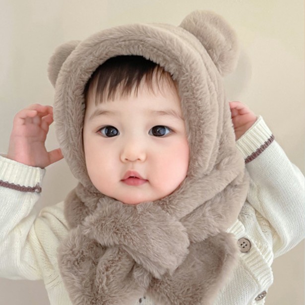 儿童帽子韩国秋冬宝宝保暖防寒围脖一体卡通小熊护耳帽子毛绒亲肤