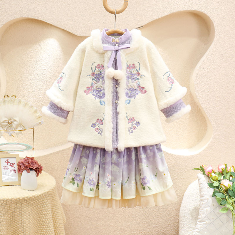 女童冬季汉服套装2023新款加厚加绒儿童中国风冬款小女孩拜年服潮