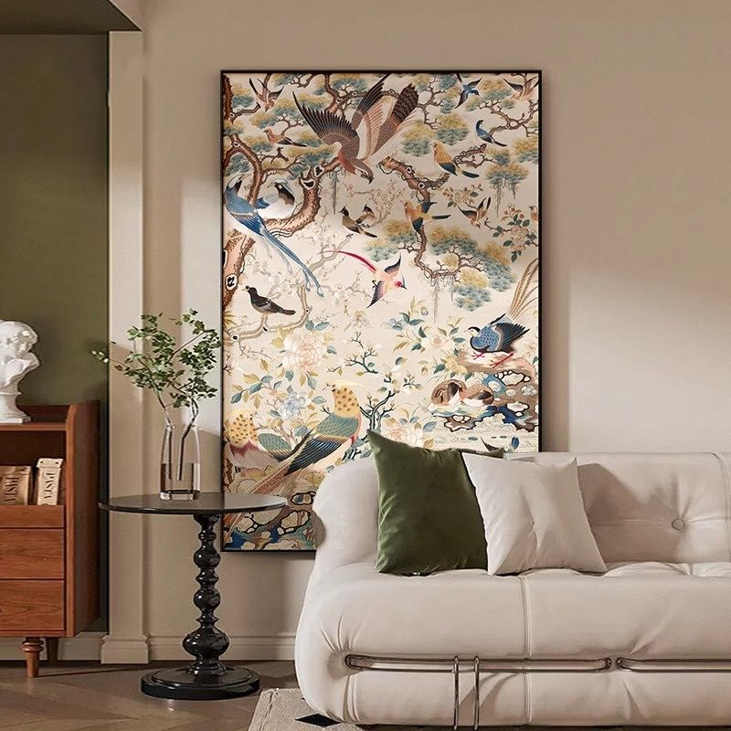法式奶油风客厅装饰画中堂背景墙挂画美式复古飞鸟图走廊玄关壁画