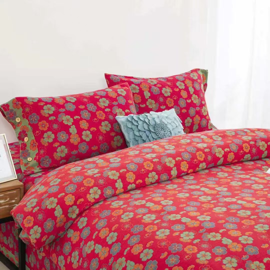 【梅花红】专柜定制60支 A类母婴级 色织纯棉双层纱四件套双面可用