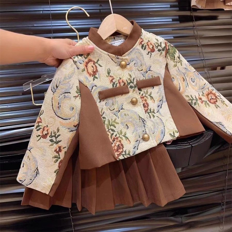 女童小香风套装春秋季新款2023洋气复古花朵外套百褶裙宝宝两件套