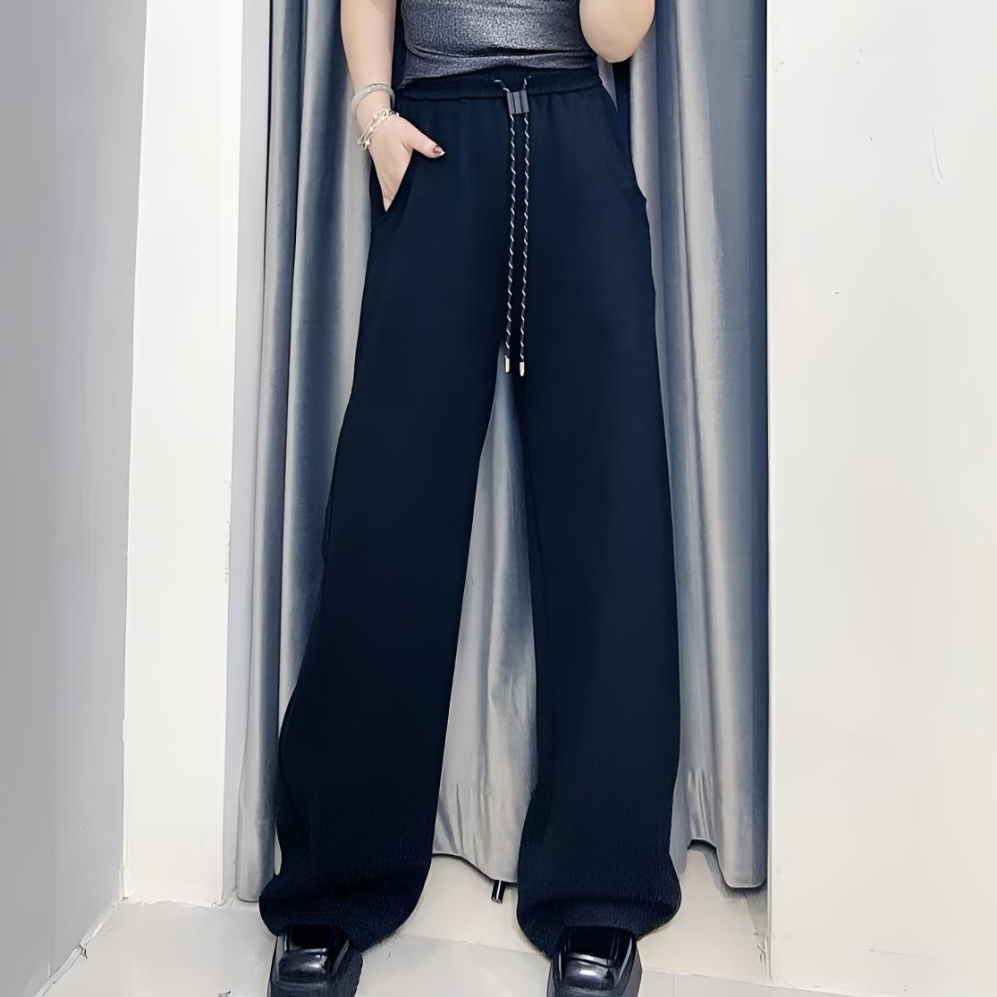 【依尚精选】欧货显瘦运动时尚休闲百搭黑色抽绳宽松垂感阔腿直筒裤