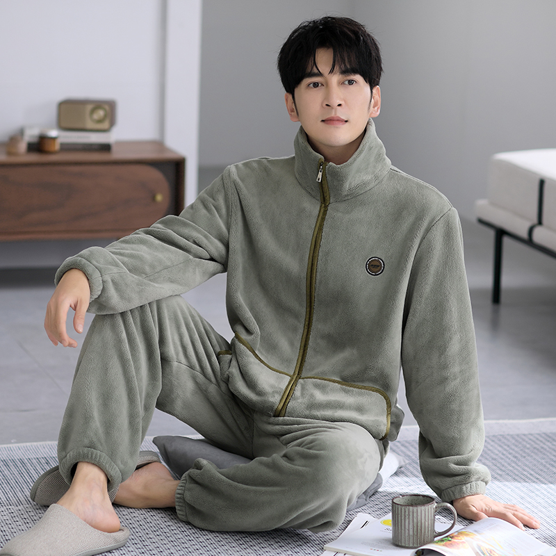 睡衣男款冬季加厚加绒冬款珊瑚绒法兰绒男冬天拉链婴儿绒短绒套装