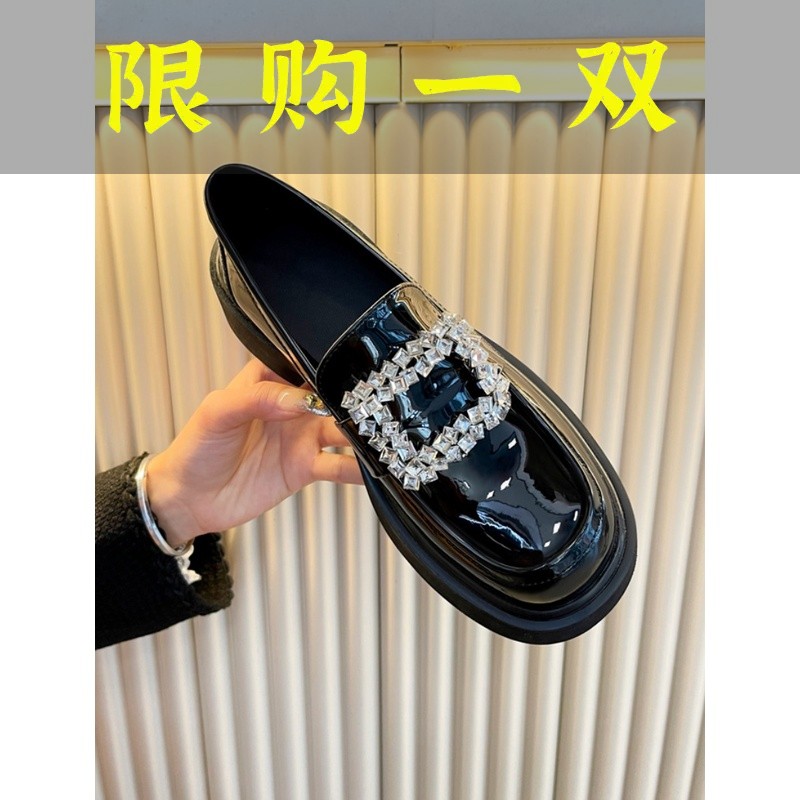红蜻蜓牌小皮鞋女英伦风2023秋新款厚底乐福鞋水钻方扣软底黑色