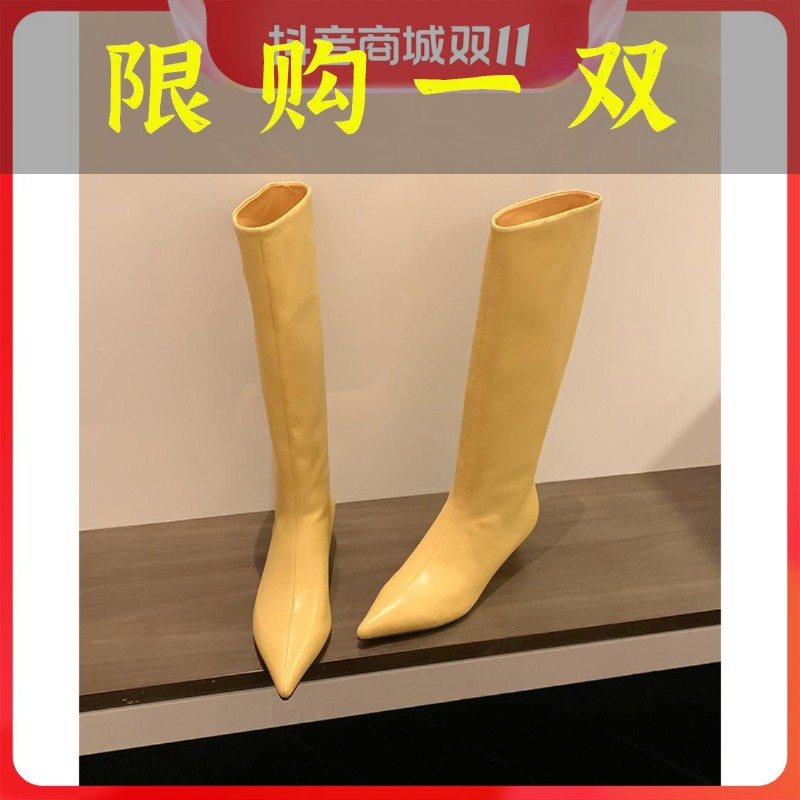 红蜻蜓牌尖头猫跟真皮不过膝长靴女简约一脚蹬时装套筒高筒靴子