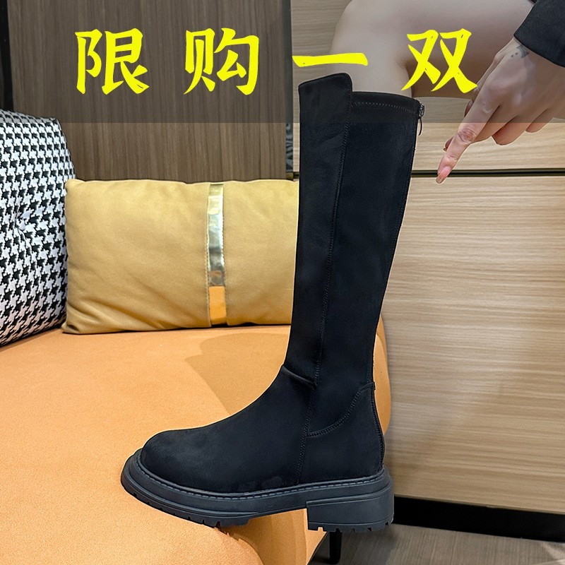红蜻蜓牌2023新款加肥女靴绒面厚底骑士靴大码长筒靴秋冬高筒靴