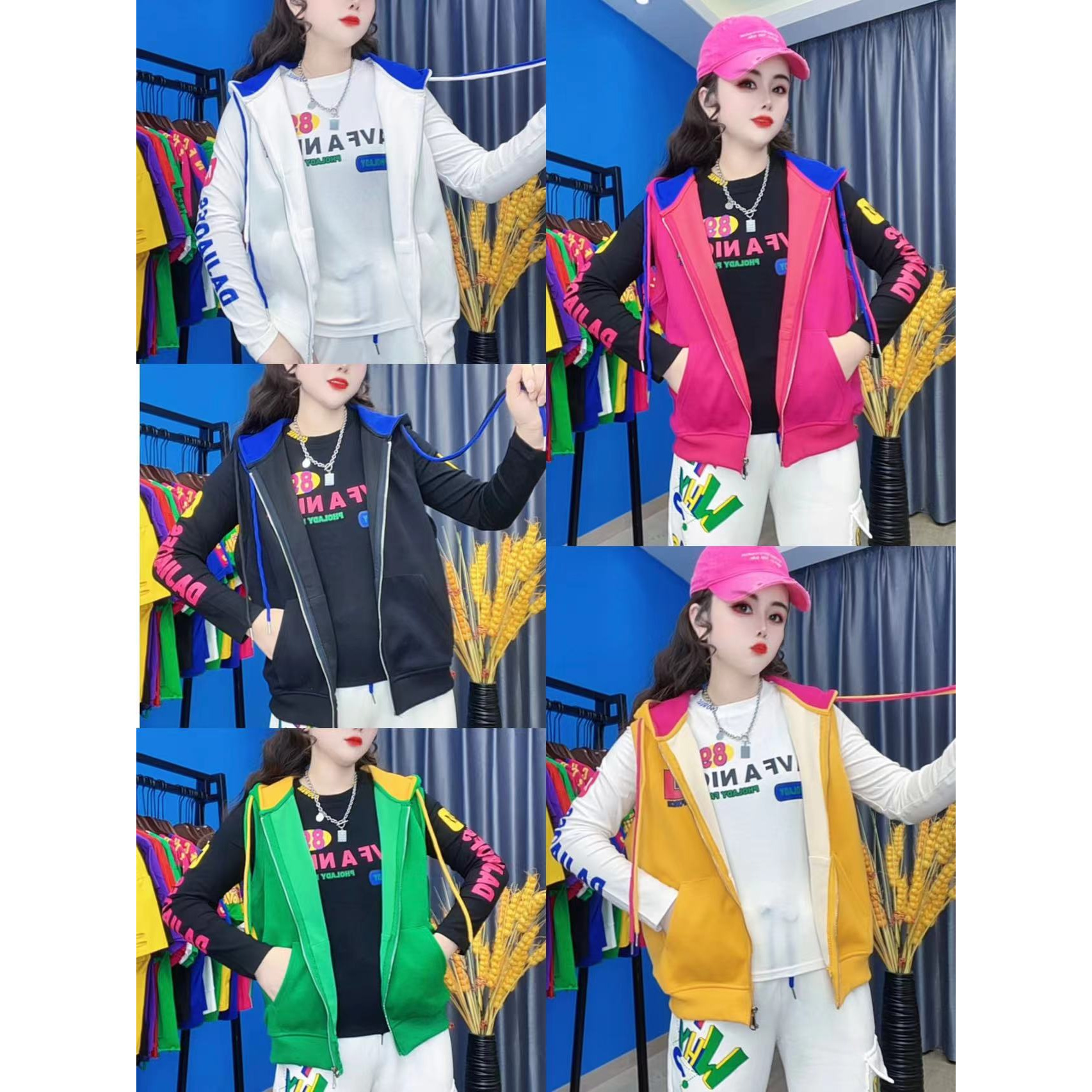 【大椒家】韩版时尚休闲春秋款连帽抽绳运动洋气拉链女士马夹8160