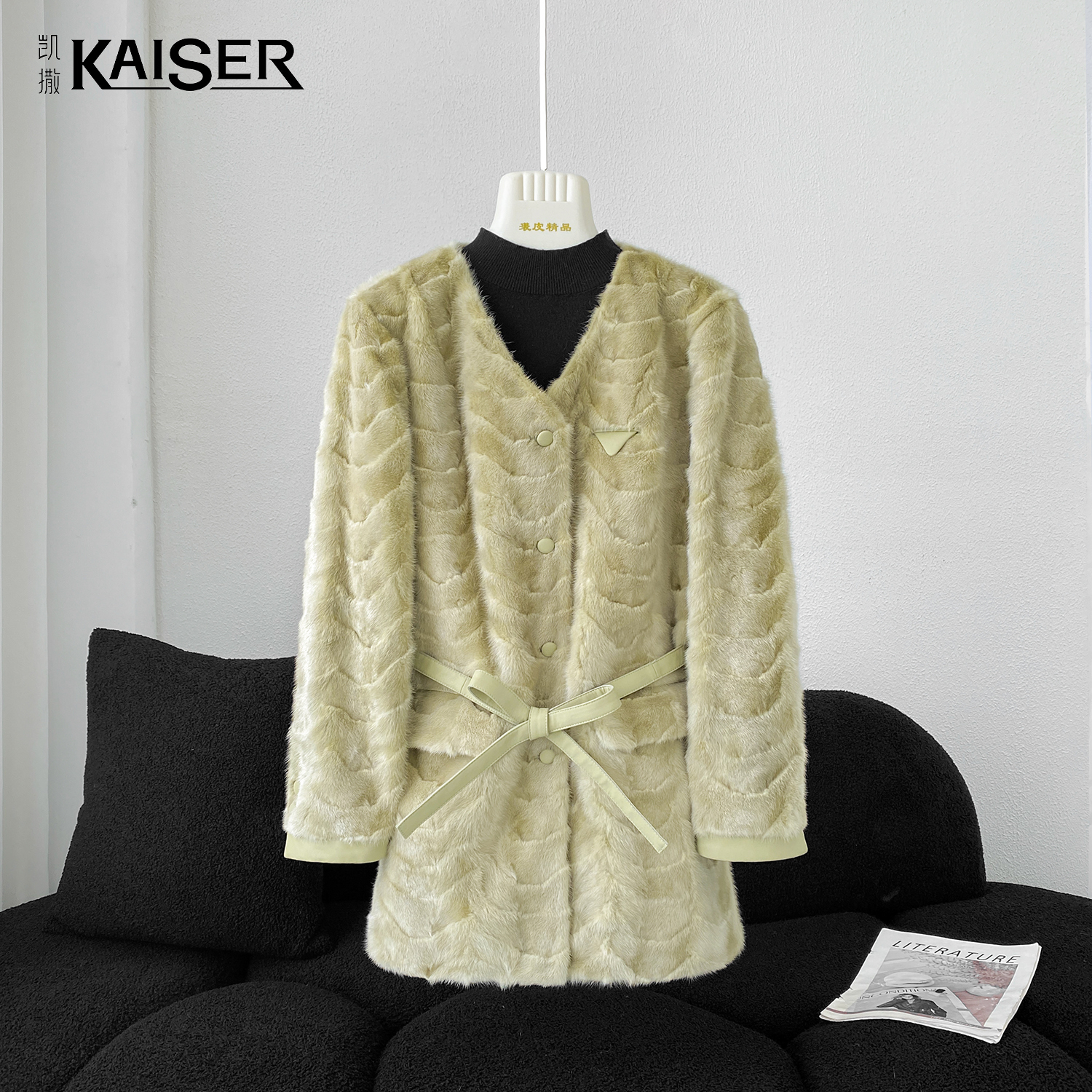 KAISER/凯撒4M3251冬季新款气质时尚v领收腰舒适中长款水貂外套