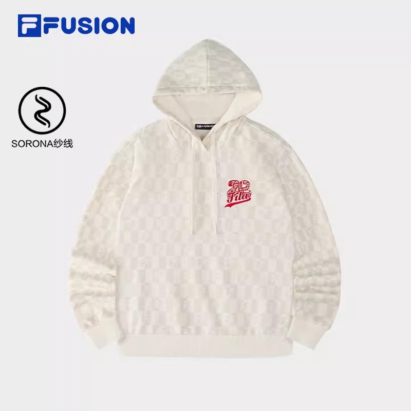FUSION斐乐女子连帽卫衣2025春季新款满印格子上衣T11W512202-Q73