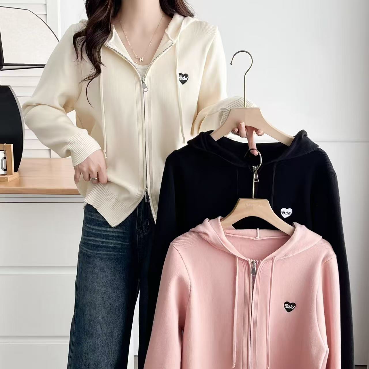 【茶芙巷】2025大码秋季新款宽松显瘦连帽针织衫双拉链上衣女【WN】