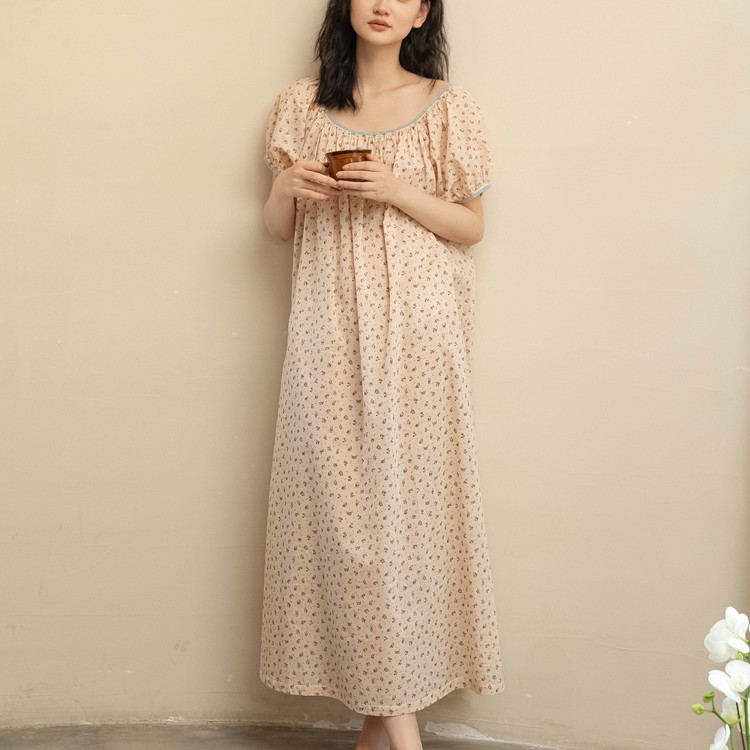 族玛士睡裙女士法式长裙连衣裙复古大码碎花可外穿裙印花长款宽松