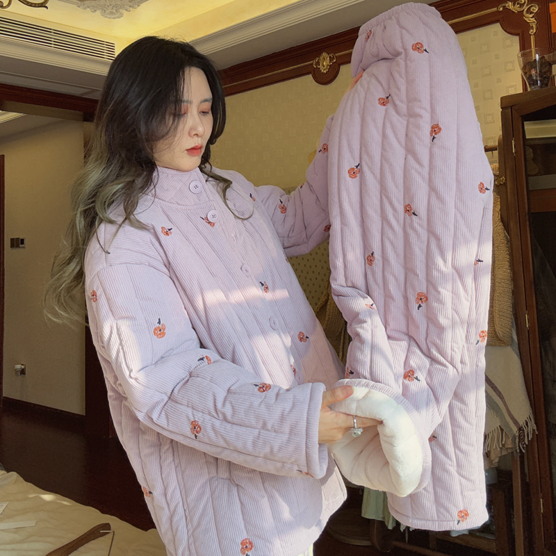 冬季睡衣三层夹棉套装女士保暖刺绣加厚加绒秋冬甜美家居服冬季