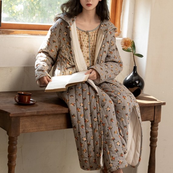 睡衣秋冬季女夹棉睡袍2025年新款中长款加绒加厚碎花家居服套装
