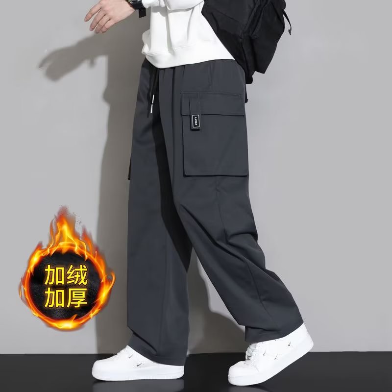 美式加绒加厚工装裤男秋冬款宽松直筒裤青少年秋季阔腿休闲长裤子