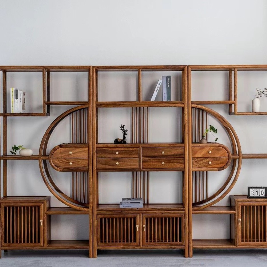 06胡桃木尘意博古架三件套198×98×36【不包邮】