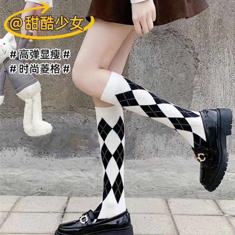 黑白菱形小腿袜百搭日系袜子jk学院风长筒袜及膝盖高筒长袜格子子
