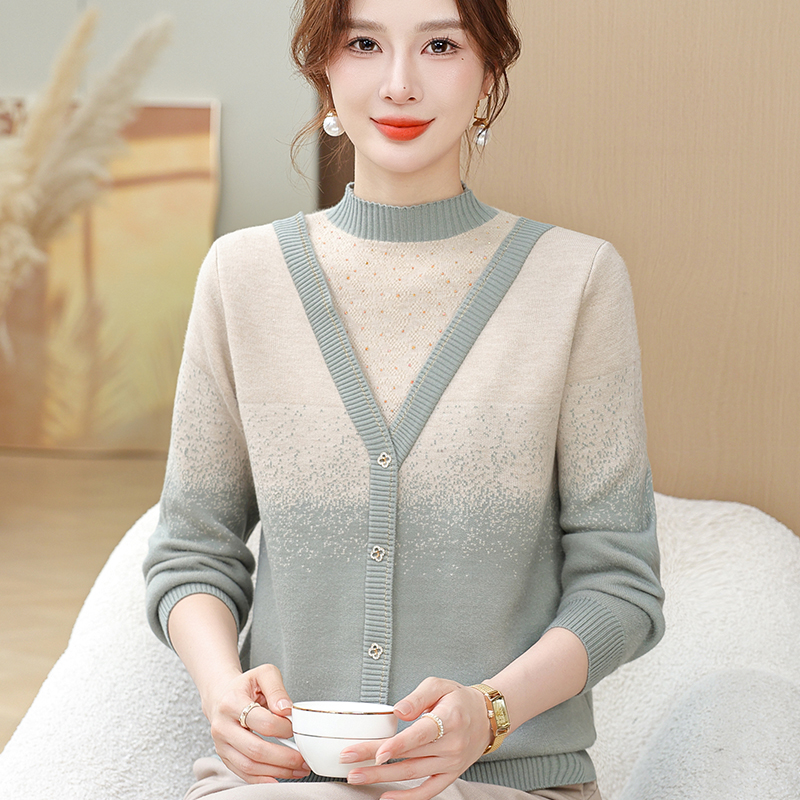 妈妈秋装假两件打底衫新款40岁50中老年女装加厚内搭毛衣女洋气