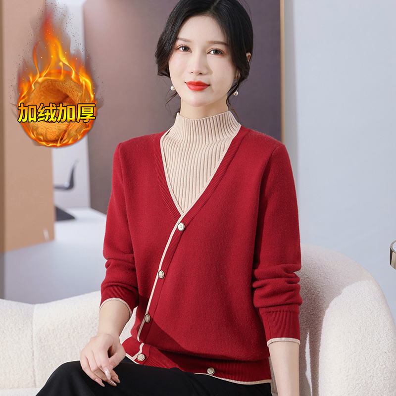 妈妈装一体绒内搭保暖上衣服50岁中年女士冬季加绒加厚半高领毛衣