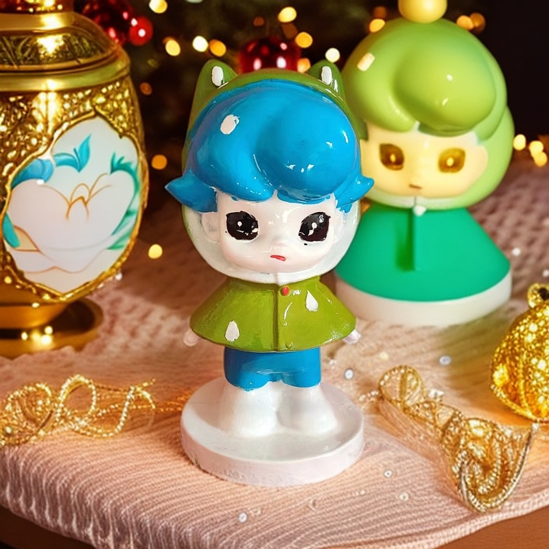 可爱卡通玩偶-蓝色头发绿色帽子精美金色祥龙摆件