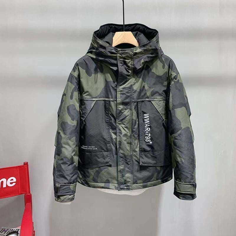 2023新款迷彩内加棉加厚连帽羽绒服男秋冬宽松潮牌工装冬款夹克