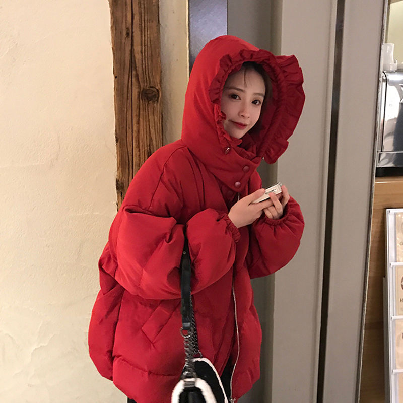 羽绒服2023新款爆款韩版学生红色短款连帽加厚宽松面包衣外