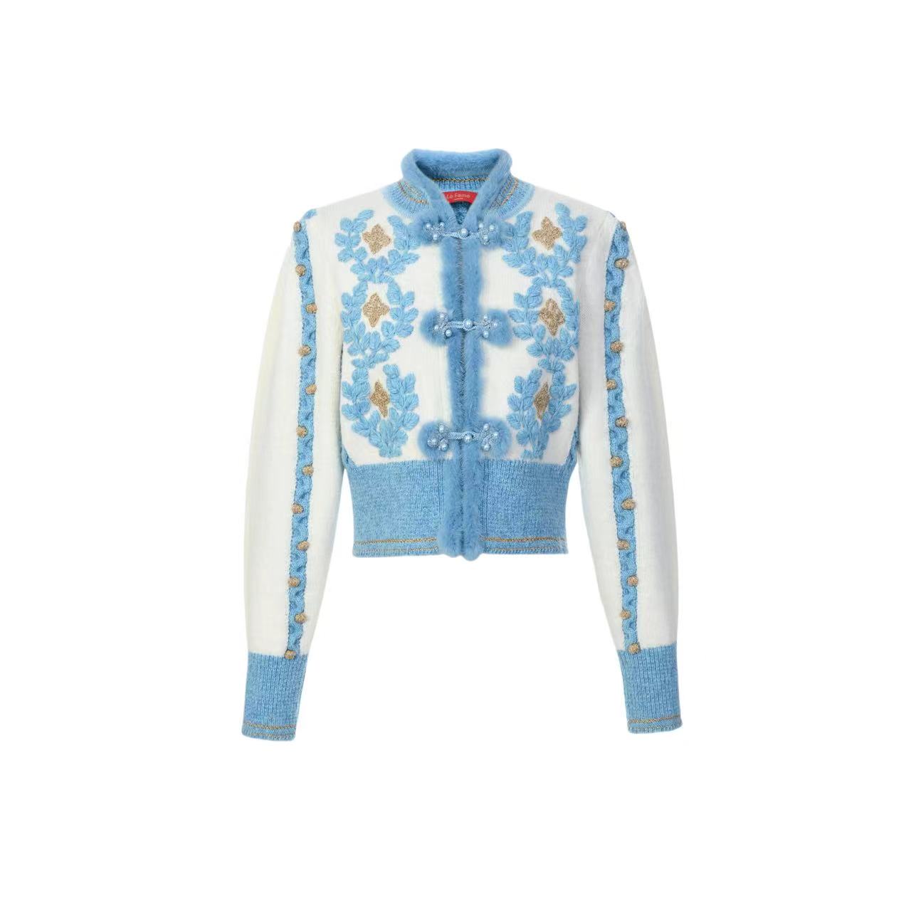 拉飞姆2024秋 蓝白卷草纹针织外套LF24Q51ZM095