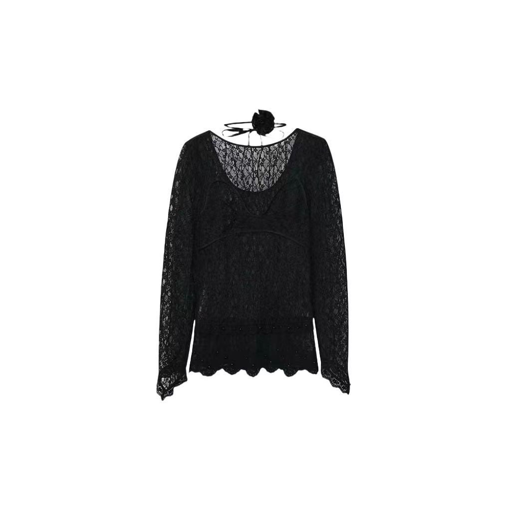 拉飞姆2024秋 蕾丝钉珠长袖上衣LF24Q41SB380