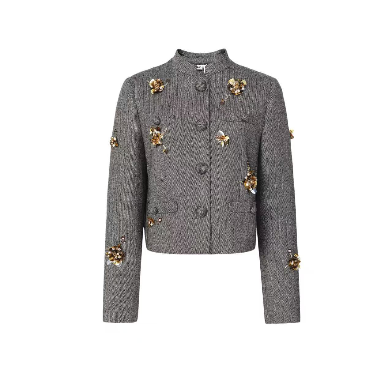 拉飞姆2025春 人字纹重工钉珠花朵外套LF25C21SC006