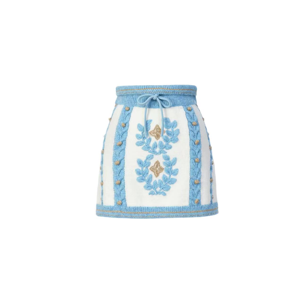 无品牌2024秋 蓝白条卷草纹针织短裙LF24Q51ZS188