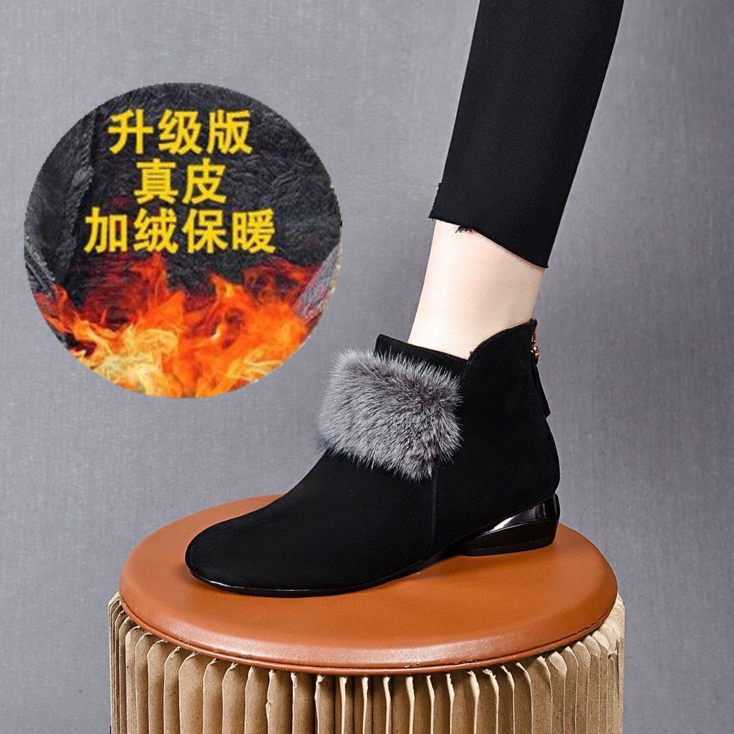 正品真皮马丁靴2024秋冬季短靴新款时尚圆头加绒水貂棉鞋保暖棉靴