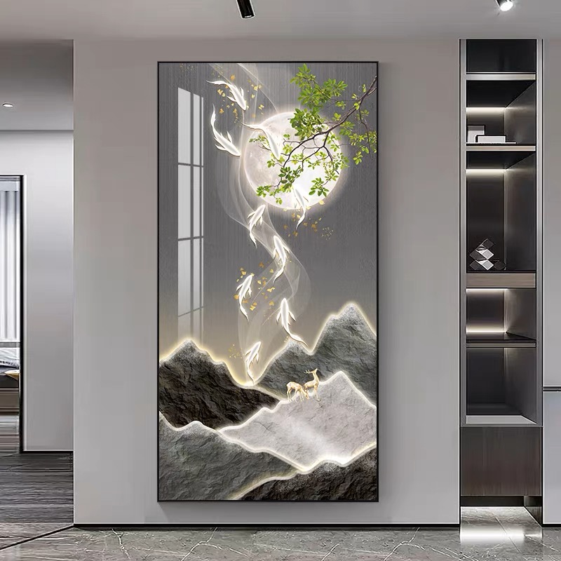 新款带灯玄关画轻奢简约高级大气走廊过道山水装饰画立体金框设计
