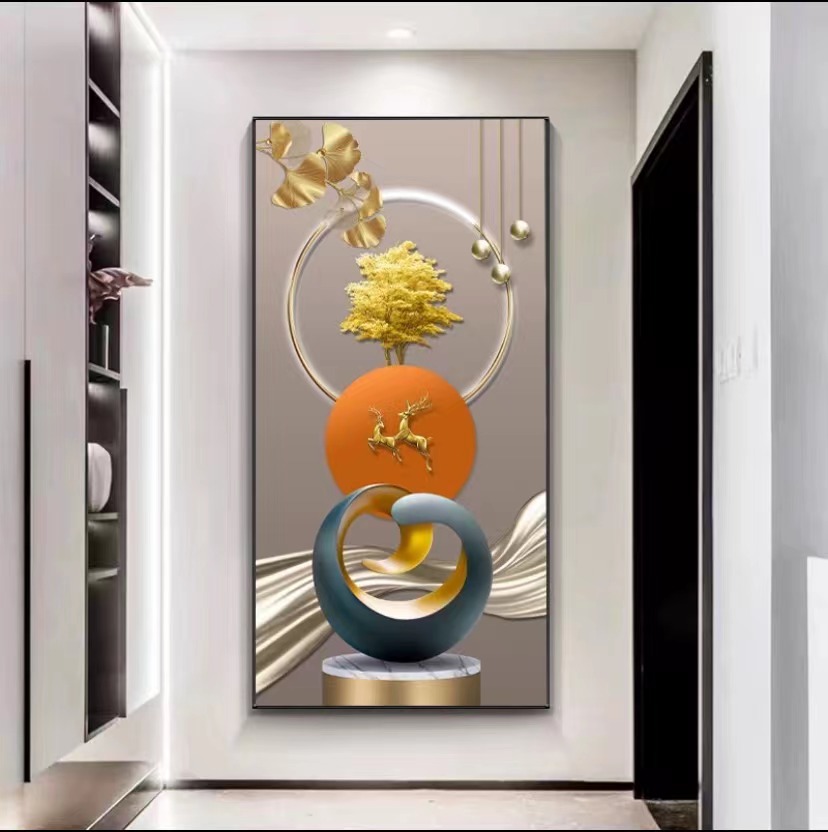 新款-几何玄关画挂画高级大气轻奢现代简约晶瓷手工镶钻装饰灯画