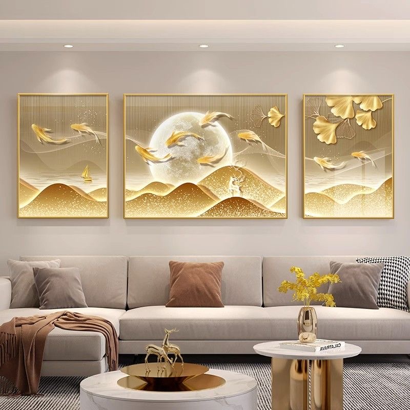 九鱼图客厅轻奢高级感沙发背景墙挂画现代简约大气三联装饰画