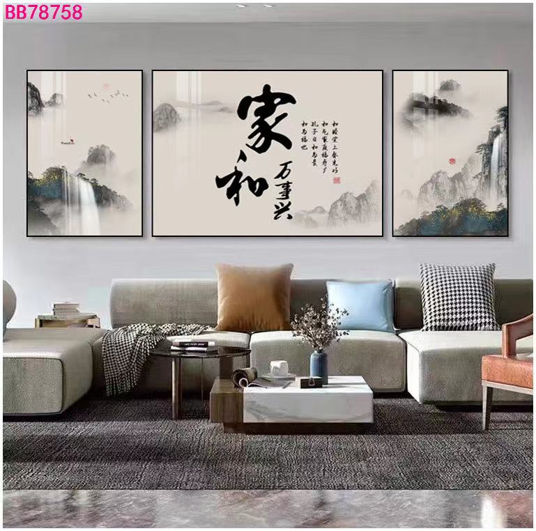 新款家和沙发背景客厅挂画新中式简约大气山水手工晶瓷镶钻装饰画