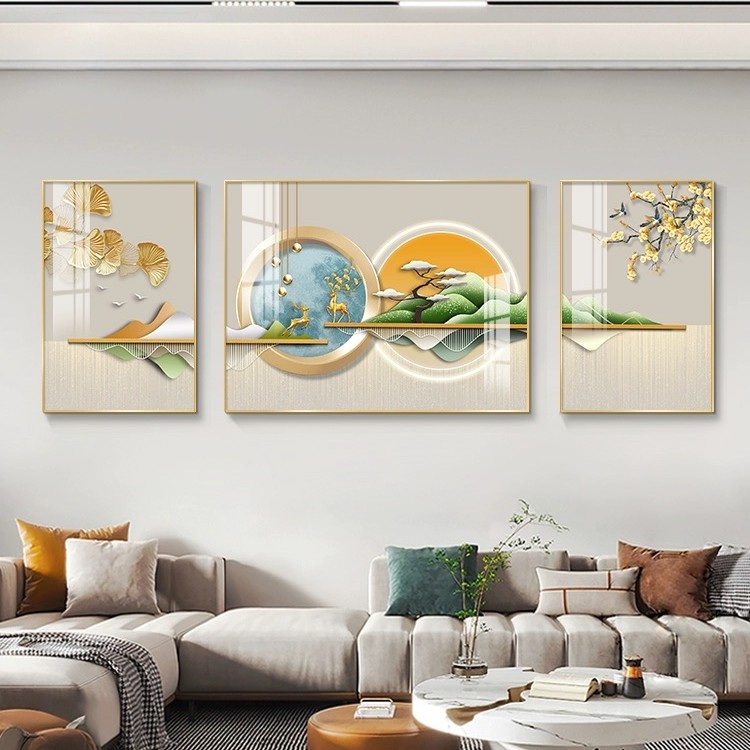 新款-三联客厅画《福禄生辉》【多款选择】现代镶钻晶瓷装饰挂画手工