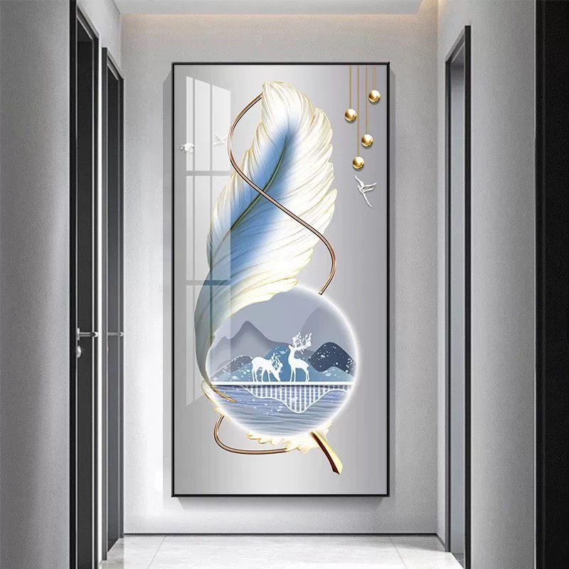 新款-壁画画羽毛高级大气轻奢玄关简约晶瓷手工镶钻装饰画挂画