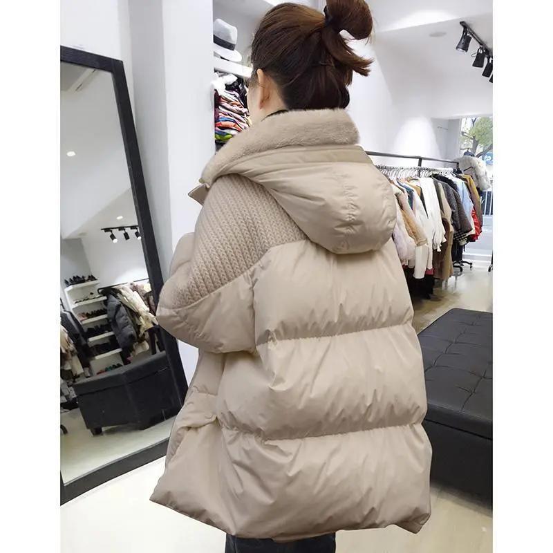 杏色毛领中长款羽绒服欧洲站2023年冬季新款时尚拼接加厚外套女装