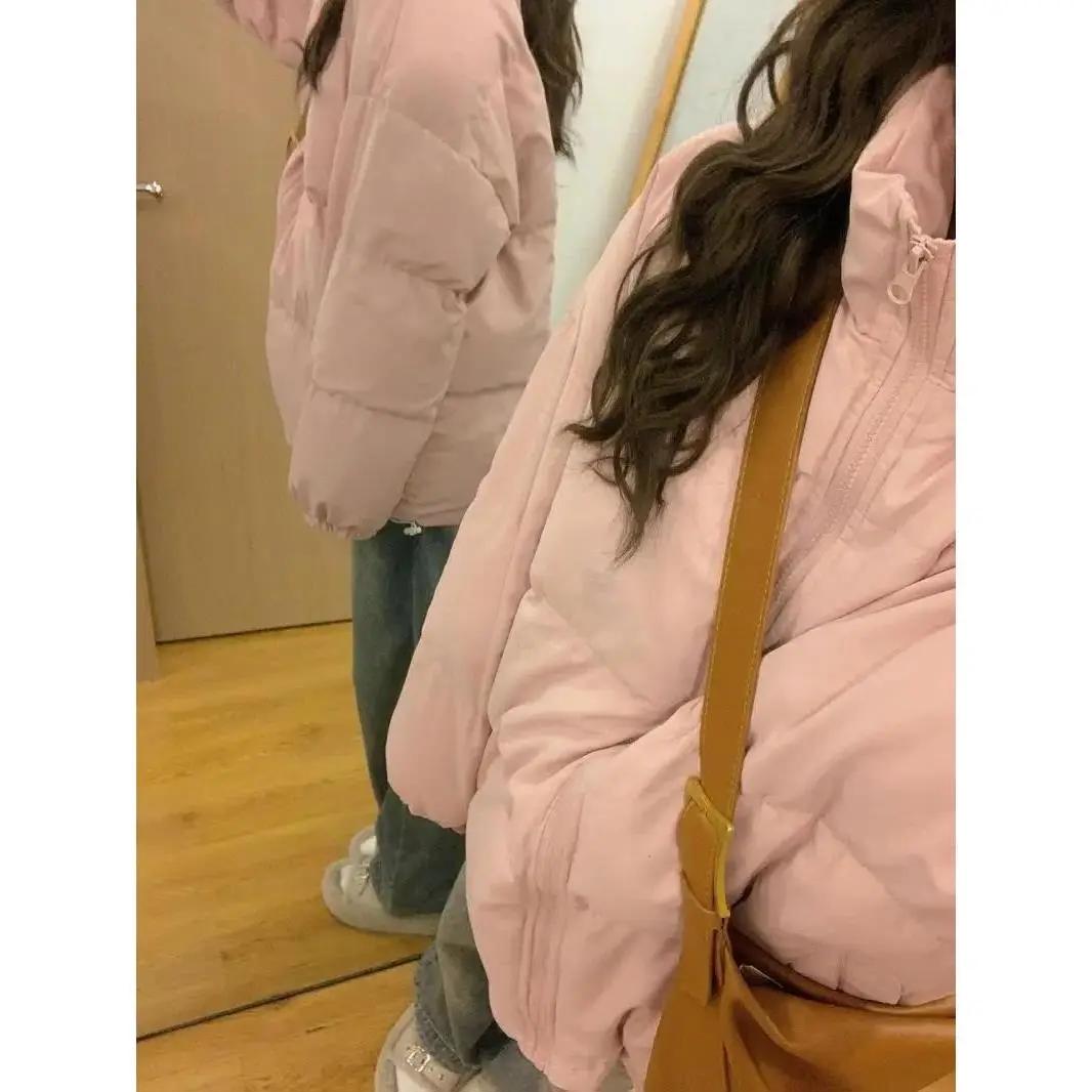 奶呼呼粉色羽服女冬季新款立领韩版宽松加厚软糯糯夹外套潮小个子
